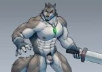  abs anthro balls beard biceps canid canine canis chastity_cage chastity_device clothing facial_hair fingerless_gloves genitals gloves handwear hi_res jewelry male mammal melee_weapon muscular muscular_thighs navel necklace necklace_only nude pecs penis redwolfalang simple_background solo standing sword weapon wolf 