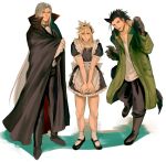  3boys alternate_costume animal_ears apron back_bow bangs black_cloak black_dress black_footwear black_hair black_pants blonde_hair blue_eyes blush boots bow bowtie cloak cloud_strife coat collared_shirt crossdressing dress fang final_fantasy final_fantasy_vii final_fantasy_vii_remake frilled_apron frills full_body green_coat grey_hair hair_between_eyes hair_slicked_back halloween halloween_costume high_collar jjn_ff7 kemonomimi_mode long_hair long_sleeves looking_at_viewer maid maid_apron maid_headdress male_focus mary_janes medium_hair multiple_boys open_collar open_mouth pants parted_bangs puffy_short_sleeves puffy_sleeves scar scar_on_cheek scar_on_face sephiroth shirt shoes short_sleeves sideburns spiked_hair standing straight_hair sweatdrop tail v_arms vampire_costume wavy_hair werewolf_costume white_background white_shirt wolf_ears wolf_paws wolf_tail zack_fair 