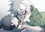  2boys :d absurdres animal_collar artist_name bangs boy_on_top brown_eyes brown_hair collar danganronpa_(series) danganronpa_2:_goodbye_despair eye_contact green_jacket highres hinata_hajime holding holding_leash hood hood_down hooded_jacket jacket komaeda_nagito leash long_sleeves looking_at_another lying midou_(grk12138) multiple_boys muzzle on_back open_mouth shiny shiny_hair shirt simple_background smile sweatdrop white_background white_hair white_shirt yaoi 