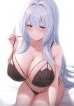  1girl aqua_eyes bangs bare_arms bare_shoulders black_bra black_panties blush bra breasts cleavage closed_mouth collarbone futon_fly_away highres large_breasts long_hair looking_at_viewer original panties sitting smile solo strap_pull underwear white_background 