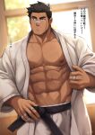  1boy abs artist_name bandaid bandaid_on_face bandaid_on_hand bara belt black_hair blurry blurry_background dougi facial_hair feet_out_of_frame hakama highres japanese_clothes kanji large_pectorals light_particles looking_to_the_side male_focus manly mature_male muscular muscular_male navel nipples original pectorals short_hair signature spiked_hair stubble sunlight sweat sweatdrop window zifu 
