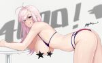  1girl ahoge alternate_hairstyle american_flag_bikini arms_on_table artist_name ass bare_shoulders bikini blue_eyes breasts censored covered_nipples dated fate/grand_order fate_(series) flag_print hair_down hanging_breasts highres large_breasts long_hair miyamoto_musashi_(fate) miyamoto_musashi_(swimsuit_berserker)_(fate) odachu official_alternate_costume on_table pink_hair sideboob signature simple_background smile solo star_censor swimsuit table tongue tongue_out topless 