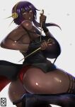  1girl ass black_footwear black_gloves bleach boots breasts brown_lips commentary_request cosplay dagger dark-skinned_female dark_skin dress dual_wielding fingerless_gloves gloves gold_hairband high_heel_boots high_heels highres holding holding_weapon huge_breasts impossible_clothes impossible_dress knife looking_at_viewer looking_back panties pantyshot parted_lips purple_hair red_panties reverse_grip shihouin_yoruichi short_hair_with_long_locks solo spy_x_family stiletto_(weapon) thick_thighs thigh_boots thighs two-sided_dress two-sided_fabric underwear weapon xuuikie_ashe yellow_eyes yor_briar yor_briar_(cosplay) 