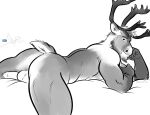  anthro balls beard bgn biceps butt capreoline cervid facial_hair foreskin genitals greyscale hairy_penis head_on_hand looking_at_viewer looking_back looking_back_at_viewer lying male mammal monochrome muscular nude on_front penis reindeer simple_background smile solo spread_legs spreading white_background 