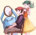  1boy 1girl alternate_costume alternate_hairstyle aqua_eyes aqua_hair bangs bike_shorts black_sweater brown_shorts camisole closed_mouth from_side hsngamess kris_(pokemon) long_skirt looking_at_mirror mirror open_mouth pokemon pokemon_(game) pokemon_gsc ponytail red_camisole red_eyes red_hair shorts silver_(pokemon) skirt strap sweatdrop sweater wobbuffet yellow_background yellow_skirt 