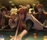  6+boys absurdres aether_(genshin_impact) ahoge alcohol alhaitham_(genshin_impact) alternate_costume anger_vein antenna_hair arms_up ascot ball bangs billiard billiard_ball billiard_chalk black_ascot black_choker black_hair black_pants black_shirt blonde_hair blue_eyes blue_hair bottle bow bowtie brown_vest choker cigarette closed_mouth collarbone collared_shirt collared_vest couch covering_one_eye dark-skinned_male dark_skin diluc_(genshin_impact) earrings floor genshin_impact gold gradient gradient_hair grey_bow grey_bowtie grey_hair grey_shirt grey_vest ha_ze hair_between_eyes hair_ornament hair_over_one_eye hairpin hands_up highres indoors jewelry kaeya_(genshin_impact) kaveh_(genshin_impact) lamp leaf light long_hair long_sleeves looking_at_another looking_at_viewer looking_to_the_side male_focus multicolored_hair multiple_boys necklace open_mouth orange_eyes orange_hair pants plant playing_games pocket ponytail red_eyes red_hair red_shirt shaded_face shirt short_hair short_sleeves single_earring sitting smile standing stick striped striped_vest tartaglia_(genshin_impact) teeth tongue two-tone_hair v-shaped_eyebrows vertical-striped_vest vertical_stripes vest wall yellow_eyes zhongli_(genshin_impact) 