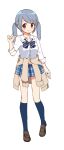  1girl arm_at_side bangs blue_bow blue_bowtie blue_hair blue_skirt blue_socks blush bow bowtie brown_footwear brown_sweater buttons clothes_around_waist collared_shirt diagonal-striped_bowtie dot_nose full_body hand_up jewelry kasane_ao kneehighs loafers looking_at_viewer low_twintails magia_record:_mahou_shoujo_madoka_magica_gaiden mahou_shoujo_madoka_magica miniskirt plaid plaid_skirt pleated_skirt purple_eyes ring ruru_(rurumagi) shirt shoes sidelocks skirt sleeves_past_elbows sleeves_rolled_up smile socks solo split_mouth standing sweater sweater_around_waist swept_bangs transparent_background twintails white_shirt 
