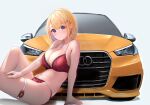  1girl arm_support audi bangs blonde_hair bra breasts car cleavage commentary_request earrings from_side fujinomiya_rio ground_vehicle hair_ornament highres jewelry large_breasts looking_at_viewer looking_to_the_side motor_vehicle necklace original panties purple_eyes red_bra red_panties short_hair simple_background solo thigh_strap underwear underwear_only white_background 