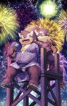  2boys absurdres animal_ears bara blue_eyes blue_kimono brown_fur colored_sclera cross-laced_sleeves dated dog_boy dog_ears dog_tail eyebrow_cut fangs fangs_out firework_background full_body fundoshi furry furry_male geta highres japanese_clothes kimono kinoshita_jiroh looking_up male_focus moritaka_(housamo) multiple_boys muscular muscular_male night night_sky open_mouth plump red_sclera scar scar_on_face shino_(housamo) shoe_dangle short_hair sitting sky smile tail thick_eyebrows tokyo_afterschool_summoners tupet wave_print yukata 