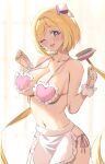  1girl ;d absurdres aki_rosenthal apron bikini blonde_hair blue_eyes breasts clenched_hands detached_hair hairpods hands_up heart_bikini highres hololive large_breasts long_hair looking_at_viewer low_twintails navel nearly_naked_apron one_eye_closed open_mouth pink_bikini smile solo stomach strap_gap swimsuit twin_(tt_lsh) twintails very_long_hair virtual_youtuber 