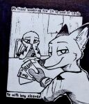  2022 absurd_res anthro canid canine card clothed clothing dipstick_ears disney duo english_text fox fur hi_res holding_object inktober inktober_2022 jack_savage lagomorph leporid looking_at_viewer looking_back looking_back_at_viewer mammal monochrome multicolored_ears nick_wilde playing_card rabbit red_fox text theblueberrycarrots traditional_media_(artwork) zootopia 