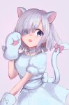  1girl :o animal_ears animal_hands back_bow bangs blue_eyes blunt_bangs blush bow cat_ears cat_tail choker cowboy_shot diagonal_bangs dot_nose eyes_visible_through_hair fur_shirt gloves grey_hair hair_over_one_eye hand_up highres isuzu_ren long_bangs looking_at_viewer magia_record:_mahou_shoujo_madoka_magica_gaiden mahou_shoujo_madoka_magica medium_hair nacky0610 open_mouth paw_gloves pink_background puffy_short_sleeves puffy_sleeves ribbon_choker shirt short_sleeves skirt solo tail translucent_hair white_choker white_gloves white_shirt white_skirt white_tail 