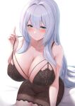  1girl aqua_eyes bangs bare_arms bare_shoulders black_panties blush breasts cleavage closed_mouth collarbone futon_fly_away highres large_breasts long_hair looking_at_viewer original panties see-through sitting smile solo strap_pull underwear white_background 