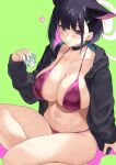  1girl animal_ears bikini black_choker black_hair black_jacket blue_archive breasts choker closed_mouth collarbone colored_inner_hair eating green_background hair_ornament hairclip halo jacket kazusa_(blue_archive) large_breasts long_sleeves mm_(yoromu) multicolored_hair navel open_clothes open_jacket pink_bikini pink_hair red_eyes short_hair simple_background solo suggestive_fluid swimsuit two-tone_hair 