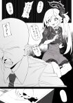  1boy 1girl absurdres bald blue_archive clenched_teeth cup cyjalway faceless faceless_male flower greyscale hair_flower hair_ornament halo highres long_hair monochrome mutsuki_(blue_archive) necktie open_mouth pointy_ears sensei_(blue_archive) shirt side_ponytail skirt speech_bubble spill teeth translation_request 