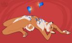  absurd_res anthro arched_back blush breasts candle canid canine canis clawed_fingers curled_tail domestic_dog eyes_closed female fur hi_res kingdragyn lying lying_on_ground mammal on_back orange_body orange_fur pawpads shiba_inu simple_background small_breasts smile solo spitz wax wax_play white_body white_fur 