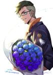  1boy absurdres blue-framed_eyewear blue_eyes blue_flower blue_jacket blue_rose bouquet cropped_torso daidou_shinove flower from_side glasses green_hair highres holding holding_bouquet holostars jacket looking_at_viewer looking_to_the_side male_focus nemoto_yuuma one_eye_closed orange_shirt parted_lips print_shirt purple_flower purple_rose rose shirt short_hair sideburns signature simple_background smile smiley_face solo sparkle tassel upper_body white_background 