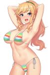  1girl armpits bikini blonde_hair blue_eyes breasts commentary_request highres idolmaster idolmaster_cinderella_girls long_hair looking_at_viewer medium_breasts multicolored_bikini multicolored_clothes navel ohtsuki_yui open_mouth ponytail side-tie_bikini_bottom smile solo striped striped_bikini swimsuit teeth tomajiyama upper_teeth 