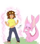  2022 absurd_res application black_nose blush bottomwear brown_hair clothing duo eevee eeveelution espeon eyewear feral forehead_gem fur generation_1_pokemon generation_2_pokemon hair hi_res human human_to_feral jaki-kun_(character) kipaki magic male mammal nintendo open_mouth pants pink_body pink_fur pokemon pokemon_(species) shirt simple_background sitting smile species_transformation sunglasses topwear torn_clothing transformation video_games white_background yellow_clothing yellow_shirt yellow_topwear 