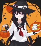  1girl akatsuki_(kancolle) anchor_symbol basket black_hair black_headwear black_sailor_collar black_skirt blush hair_between_eyes halloween halloween_costume hat highres holding holding_basket jack-o&#039;-lantern kantai_collection long_hair long_sleeves neckerchief open_mouth pleated_skirt purple_eyes red_neckerchief sailor_collar school_uniform serafuku skirt smile solo spica1476 upper_body witch_hat 