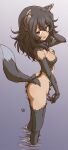 1girl andou_(girls_und_panzer) animal_ears animal_hands ass black_hair blush breasts brown_eyes erakin girls_und_panzer highres long_hair looking_at_viewer monster_girl pawpads shiny shiny_hair shiny_skin small_breasts smile solo tail werewolf wolf_ears wolf_girl wolf_tail 