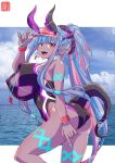 1girl absurdres aqua_hair aqua_nails ass black_one-piece_swimsuit body_markings breast_cutout breasts cleavage_cutout clothing_cutout colored_skin fangs fate/grand_order fate_(series) grey_skin highleg highleg_swimsuit highres horns huge_breasts ibuki_douji_(fate) ibuki_douji_(swimsuit_berserker)_(fate) ibuki_douji_(swimsuit_berserker)_(first_ascension)_(fate) long_hair momohara_rile multicolored_hair nail_polish one-piece_swimsuit oni oni_horns open_mouth pink_hair pink_headwear pink_one-piece_swimsuit pointy_ears red_eyes smile solo swimsuit tail two-tone_hair two-tone_swimsuit visor_cap 