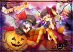  2girls :d absurdres ascot bangs bat_wings black_headwear black_shirt blue_hair border chima_q closed_mouth commentary crystal dress fang fang_out flandre_scarlet hair_between_eyes halloween hand_on_own_cheek hand_on_own_face hand_up happy_halloween hat hat_ribbon highres holding jack-o&#039;-lantern laevatein_(touhou) looking_at_viewer mary_janes mob_cap multiple_girls one_side_up open_mouth orange_skirt orange_thighhighs panties pantyshot photoshop_(medium) pink_panties puffy_short_sleeves puffy_sleeves red_dress red_eyes red_footwear red_ribbon remilia_scarlet ribbon shirt shoes short_dress short_hair short_sleeves siblings sisters sitting skirt smile striped striped_thighhighs thighhighs touhou underwear wings wrist_cuffs yellow_ascot 