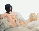  1boy 1girl arm_behind_head artist_name backboob bed black_hair blanket blonde_hair breasts cloud_strife final_fantasy final_fantasy_vii highres large_breasts long_hair lying maiii_(smaii_i) on_back pillow scar scar_on_back shiny shiny_hair short_hair simple_background sitting spiked_hair tifa_lockhart 