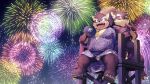  2boys absurdres animal_ears bara blue_eyes blue_kimono brown_fur colored_sclera cross-laced_sleeves dated dog_boy dog_ears dog_tail eyebrow_cut fangs fangs_out firework_background full_body fundoshi furry furry_male geta highres japanese_clothes kimono kinoshita_jiroh looking_up male_focus moritaka_(housamo) multiple_boys muscular muscular_male night night_sky open_mouth plump red_sclera scar scar_on_face shino_(housamo) shoe_dangle short_hair sitting sky smile tail thick_eyebrows tokyo_afterschool_summoners tupet wave_print yukata 