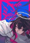  1boy armor bangs black_hair blue_background border clenched_teeth cloak constantine_xi_(fate) cover cover_page cowlick crossed_bangs doujin_cover earrings english_text fate/grand_order fate_(series) hair_between_eyes halo jewelry long_hair looking_to_the_side male_focus outside_border pink_border purple_eyes royst serious simple_background solo teeth upper_body white_armor white_cloak 