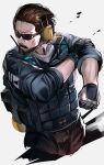  1boy absurdres ace_(arknights) arknights beard brown_hair facial_hair facing_to_the_side gloves hand_on_own_arm headphones highres hiyaori_(hiyahiyaval) military military_uniform mustache short_hair sleeves_rolled_up sunglasses uniform upper_body 