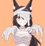  1girl :d animal_ear_fluff animal_ears bandages bare_shoulders black_hair breasts cleavage eihire fox_ears grin halloween highres hololive kurokami_fubuki long_hair looking_at_viewer mummy_costume naked_bandage one_eye_covered orange_background outstretched_arms parted_lips photoshop_(medium) red_eyes simple_background smile solo upper_body very_long_hair zombie_pose 