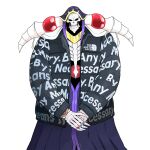  1boy absurdres ainz_ooal_gown artist_name black_jacket commentary commission drip_(meme) english_commentary flower highres jacket jewelry lich looking_at_viewer meme overlord_(maruyama) own_hands_together purple_flower purple_rose red_eyes ring rose skeleton skull straight-on the_north_face upper_body watch yblndr 