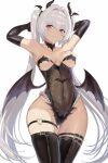  1girl armpits arms_behind_head arms_up ass_visible_through_thighs bangs black_choker black_leotard black_thighhighs black_wings blush choker closed_mouth collarbone covered_navel elbow_gloves gloves grey_hair hair_intakes hakaba_(dairiseki) heart_o-ring highres horns leotard long_hair looking_at_viewer purple_eyes simple_background skindentation smile solo strapless strapless_leotard tama_project thigh_gap thighhighs twintails very_long_hair virtual_youtuber weiss_anne white_background wings 