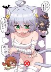  3girls absurdres ahoge animal_ear_fluff animal_ears bandages bangs black_hair blush breasts brown_hair cat_ears cat_girl cat_tail censored chibi collarbone commentary_request ear_piercing fang green_eyes grey_hair hair_between_eyes halloween hat highres kohaku_(ngetyan) medium_breasts medium_hair multiple_girls mummy_costume naked_bandage navel ngetyan open_mouth original piercing renge_(ngetyan) ringe_(ngetyan) simple_background tail translation_request wand witch_hat xo 