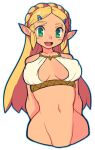  1girl alternate_costume arms_behind_back bangs bare_arms bare_shoulders blonde_hair blush braid breasts cleavage green_eyes groin hair_ornament hairclip halterneck long_hair looking_at_viewer medium_breasts midriff navel open_mouth parted_bangs pointy_ears princess_zelda shirt sidelocks slammo smile solo teeth the_legend_of_zelda the_legend_of_zelda:_breath_of_the_wild upper_body upper_teeth white_background white_shirt 