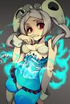  1girl absurdres bloody_marie_(skullgirls) breasts cleavage commentary english_commentary finger_to_mouth fingernails gradient gradient_background grey_background grey_hair highres looking_at_viewer medium_breasts medium_hair navel red_eyes ribs skullgirls slugbox solo thighs twintails 