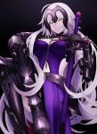  1girl absurdres ahoge armor armored_boots armored_dress bangs bare_shoulders black_thighhighs boots breasts chain collar crossed_legs dress fate/grand_order fate_(series) faulds fur-trimmed_legwear fur_trim gauntlets grey_hair grin headpiece highres jeanne_d&#039;arc_alter_(avenger)_(fate) jeanne_d&#039;arc_alter_(fate) large_breasts long_hair looking_at_viewer metal_collar plackart purple_dress smile solo sumi_(gfgf_045) sword thighhighs thighs very_long_hair weapon yellow_eyes 