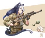  2girls :3 animal_ear_fluff animal_ears animal_print assault_rifle black_hair blue_eyes cat_ears cat_girl cat_print cat_tail explosive gloves grenade gun highres holding holding_gun holding_weapon jpc long_hair medium_hair military military_uniform multicolored_hair multiple_girls original rifle short_ponytail sidelocks tactical_clothes tail two-tone_hair uniform weapon white_hair 