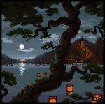  animated animated_gif black_border border cloud full_moon highres lantern lennsan moon night night_sky original outdoors pagoda pixel_art scenery sky tree 