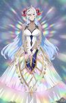  1girl absurdres bangs blue_hair bodystocking breasts cleavage curled_horns dress fire_emblem fire_emblem_heroes freyja_(fire_emblem) goat_horns hair_ornament highres horns large_breasts long_hair long_sleeves looking_at_viewer mature_female multicolored_hair r3dfive red_eyes red_horns solo white_dress 