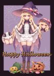  1girl black_cloak black_dress black_headwear black_thighhighs blonde_hair bloomers boots bow bow_panties brown_footwear cloak clothes_lift dress dress_lift full_body gem gloves halloween happy_halloween hat hat_ribbon highres jack-o&#039;-lantern lifted_by_self linmiu_(smilemiku) little_witch_nobeta long_hair micro_panties nobeta panties pumpkin red_eyes ribbon side-tie_panties smile solo thigh_gap thighhighs thighs two-tone_dress underwear white_bloomers white_dress white_gloves white_panties witch_hat 
