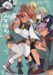  3girls 4boys absurdres aerial_(food) bisexual_female blonde_hair blue_eyes blue_hair blush clenched_hand clenched_teeth dark-skinned_female dark-skinned_male dark_skin elan_ceres green_hair green_jacket green_shorts grey_eyes grey_hair grey_thighhighs guel_jeturk gundam gundam_pharact gundam_suisei_no_majo hair_between_eyes halter_shirt halterneck hand_on_another&#039;s_face harem highres hinosaka_aki jacket licking_lips miorine_rembran multiple_boys multiple_girls one_knee open_mouth parted_lips rouji_chante secelia_dote shaddiq_zennelli shirt shorts skindentation suletta_mercury teeth thighhighs tongue tongue_out translation_request trembling v-shaped_eyebrows white_jacket white_shirt white_shorts 