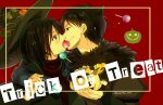  1boy 1girl alternate_costume arm_around_shoulder black_hair blush bob_cut border brown_eyes brown_hair candy eren_yeager food fur_collar grin hair_between_eyes halloween halloween_costume hat imminent_kiss kogatta_em lollipop mikasa_ackerman red_background shingeki_no_kyojin short_hair smile sweatdrop teeth trick_or_treat twitter_username upper_body witch witch_hat 