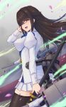  1girl artillery azur_lane black_hair black_thighhighs breasts choukai_(azur_lane) cowboy_shot from_side grey_background hand_in_own_hair highres holding holding_sword holding_weapon jacket juliet_sleeves katana large_breasts long_hair long_sleeves looking_at_viewer looking_to_the_side miniskirt pleated_skirt puffy_sleeves rigging simple_background skirt solo sword thighhighs turret waa!_okami weapon white_jacket white_skirt yellow_eyes zettai_ryouiki 