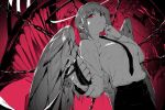  1girl angel_wings black_necktie black_pants braid braided_ponytail breasts chain chainsaw_devil chainsaw_man collared_shirt erotipop feathered_wings grey_hair halo highres holding holding_leash leash long_hair looking_at_viewer makima_(chainsaw_man) medium_breasts monochrome necktie pants pochita_(chainsaw_man) red_background red_eyes ringed_eyes sharp_teeth shirt sidelocks solo_focus spot_color teeth white_shirt wings 