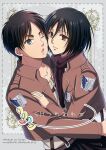  1boy 1girl arm_around_waist bangs black_hair bob_cut border brown_eyes brown_hair brown_jacket cheek-to-cheek couple cropped_jacket grey_eyes hair_between_eyes hand_on_another&#039;s_chest heads_together hetero jacket kogatta_em long_sleeves looking_at_viewer military_jacket one_eye_closed parted_bangs parted_lips shirt short_hair smile survey_corps_(emblem) upper_body white_shirt 
