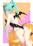  1girl ass backless_leotard bangs bare_shoulders black_nails border commentary_request daive from_behind green_eyes green_hair hair_between_eyes halloween highleg highleg_leotard highres horns leotard long_hair looking_at_viewer looking_back nail_polish pneuma_(xenoblade) ponytail pumpkin smile solo standing tail white_border wings xenoblade_chronicles_(series) xenoblade_chronicles_2 