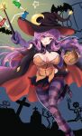  1girl absurdres alternate_costume breasts crescent crescent_hat_ornament crescent_pin halloween hat hat_ornament highres large_breasts namiki_(remiter00) patchouli_knowledge purple_eyes purple_hair solo touhou witch witch_hat 