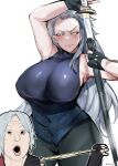  1boy 1girl absurdres annoyed arm_up armpit_peek armpits ass blush breasts dante_(devil_may_cry) devil_may_cry_(series) embarrassed fingerless_gloves genderswap genderswap_(mtf) gloves grey_hair hair_over_shoulder highres holding holding_sheath holding_sword holding_weapon huge_ass katana kurenaiz1 large_breasts long_hair looking_to_the_side meme open_mouth pogchamp sheath short_hair sideboob sidelocks sleeveless solo_focus sword tape_measure unsheathing vergil_(devil_may_cry) weapon white_eyes 